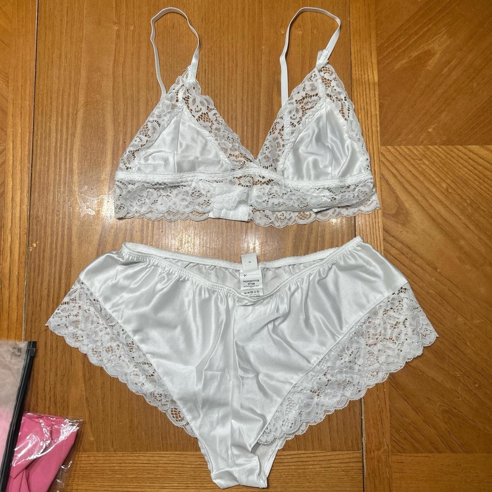 Amazon White Lace Satin Bra and Panty Set